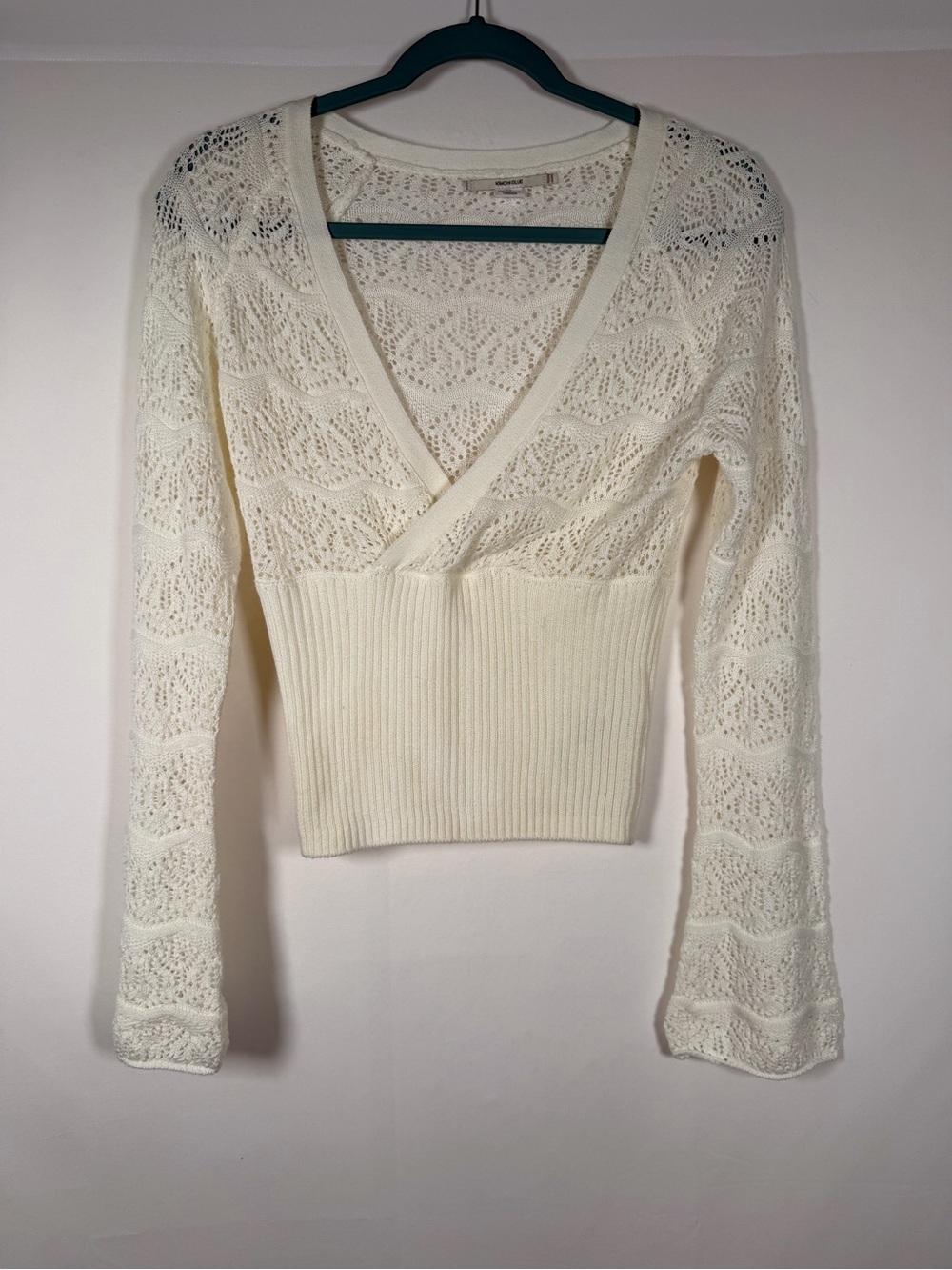 Kimchi Blue Cream Open Knit V-Neck Babydoll Sweater Fairy, Boho, Ballet, Dainty